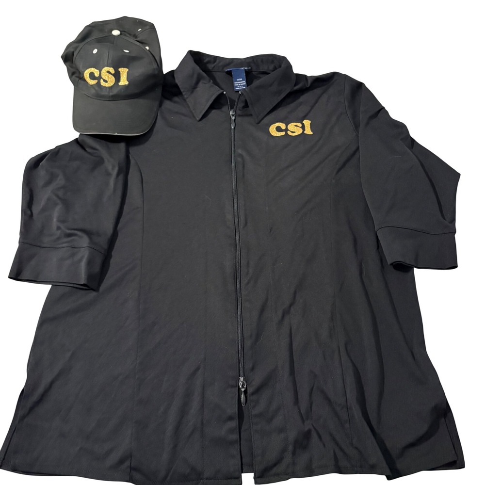 CSI Costume Set Black Zip Up Shirt Hat Gold Glitter Sz 18/20 Halloween Costume